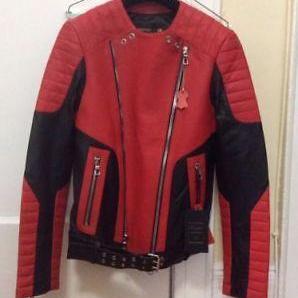 Men Handmade Vintage H&M x Balmain Jacket Biker Unoffical Copy Biker Red Zipper