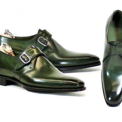 Handmade Monk Strap green Leather Shoes Dress Business Latest Formal Dress Shoes