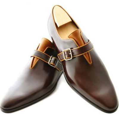 Handmade Mens brown leather monk shoes, Mens formal shoes, Men dress shoes