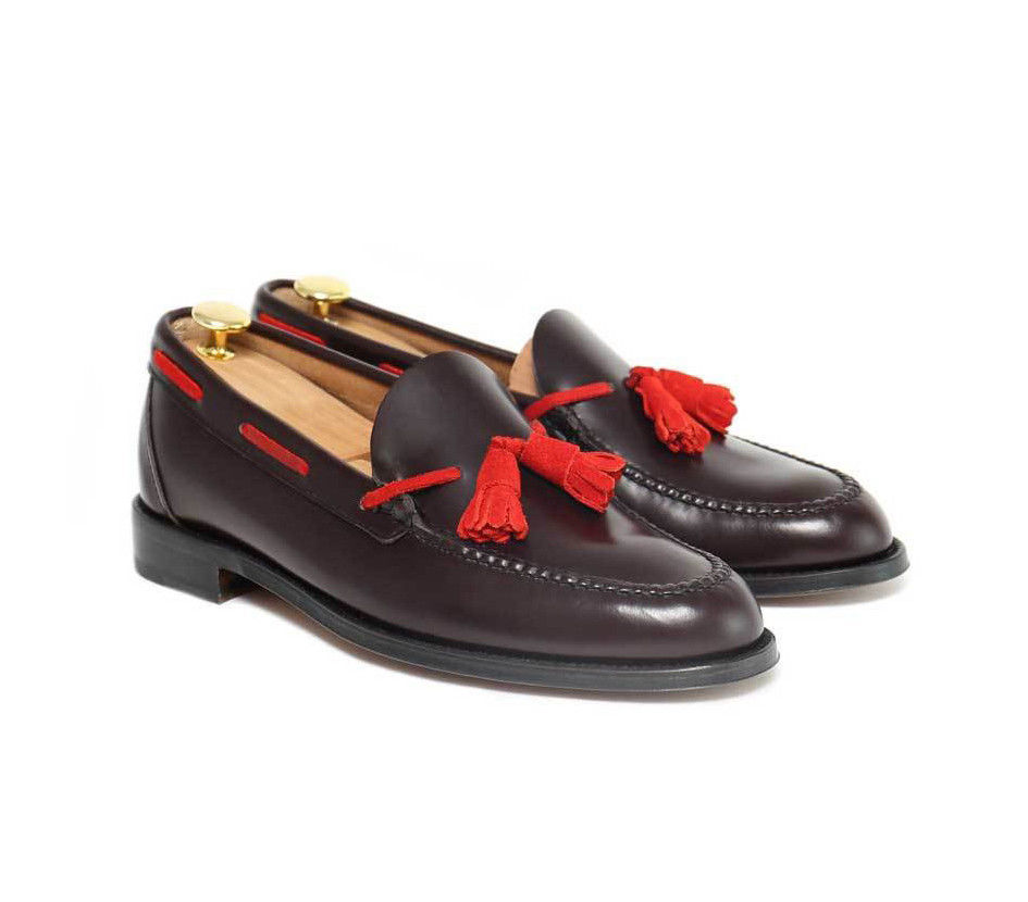 Handmade Tel Loafer Leather Crimson Red Shoes Groom Wedding Handmade Tel Loafer Leather Crimson Red Shoes Groom Wedding For Men