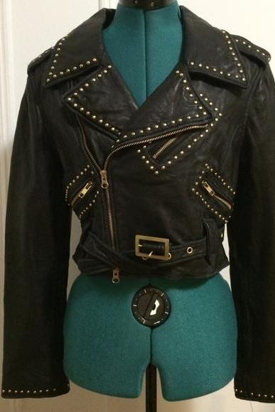 Women Black Genuine Leather Jacket Silver Studded Front Zipper Brando Style