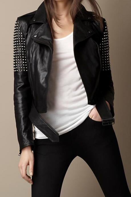Short Body Women Black Genuine Leather Jacket Silver Studs On Arms Front Zipper