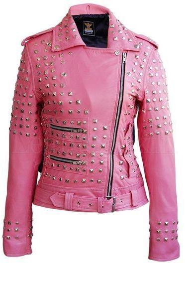 Women Pink Color Genuine Real Elegant Leather Jacket Silver Studded Belted Waist