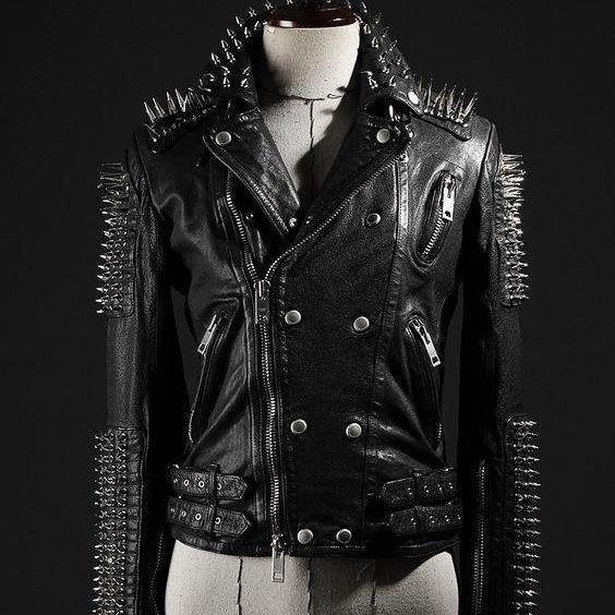 Mens Punk Full Long Spiked Black Silver Studded Leather Jacket ALL ...