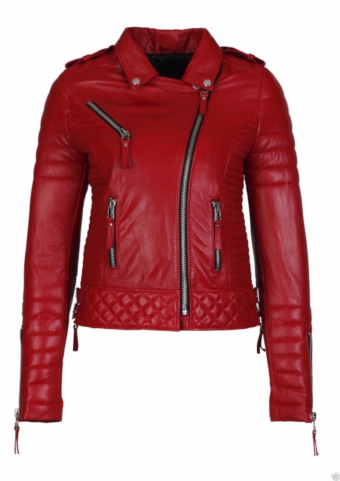 Red Leather Jacket Women Quilted Biker Motorcycle Slim Fit All Size on ...