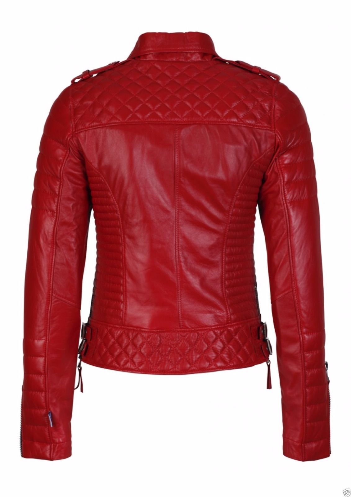 Red Leather Jacket Women Quilted Biker Motorcycle Slim Fit All Size on ...