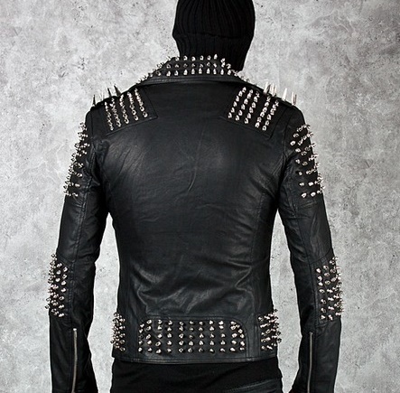 Black Genuine Leather Jacket With Silver Spiked Studs For Men Zipper ...