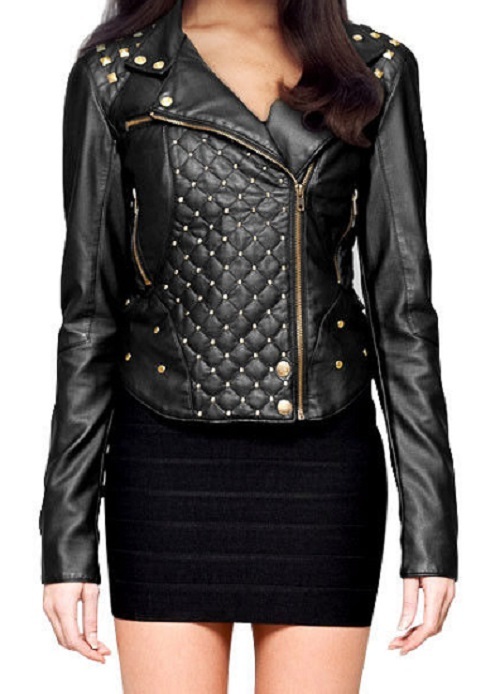 Handcrafted Golden Half Studded Black Leather Jacket